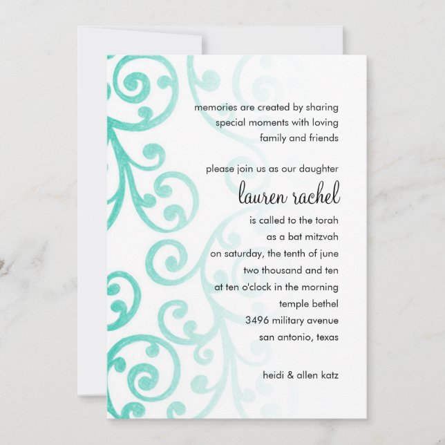 Bat Mitzvah Scroll Pattern Aqua Invitation (Front)