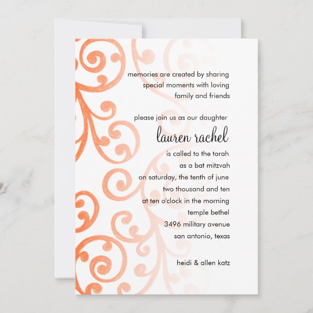 Bat Mitzvah Scroll Pattern Orange Invitation (Front)