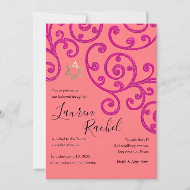 Bat Mitzvah Scroll Pattern Pink Invitation (Front)