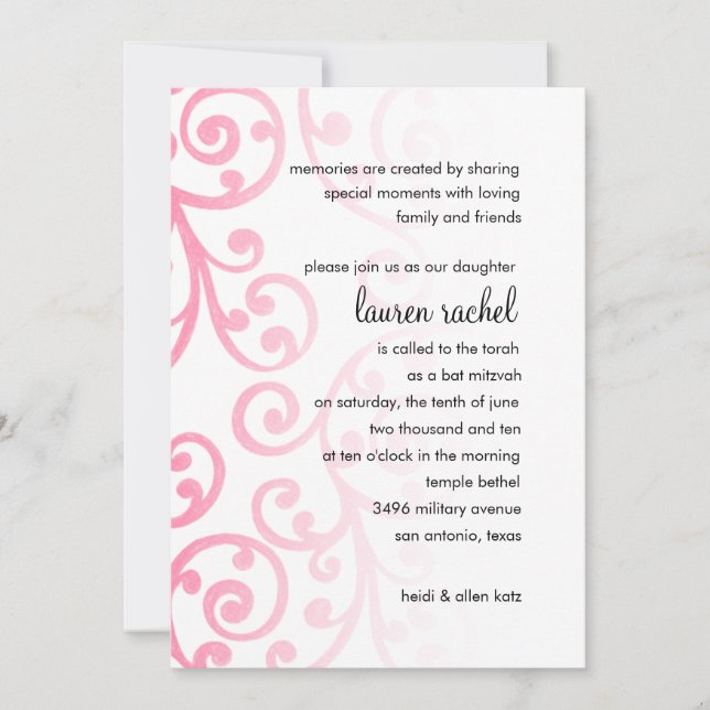 Bat Mitzvah Scroll Pattern Pink Invitation (Front)