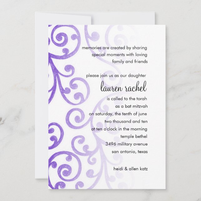 Bat Mitzvah Scroll Pattern Purple Invitation (Front)