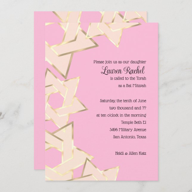 Bat Mitzvah Sheer Gold Star of David on Any Colour Invitation (Front/Back)