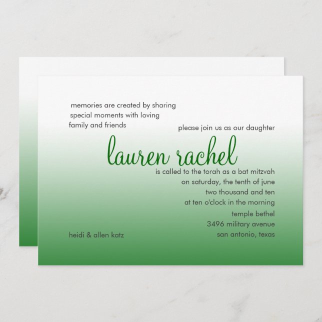 Bat Mitzvah Silver and Green Gradient Invitation (Front/Back)