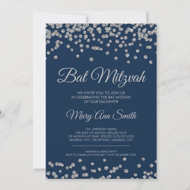 Bat Mitzvah Silver Faux Glitter Confetti Navy Blue Invitation (Front)