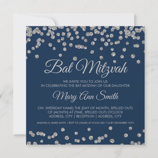 Bat Mitzvah Silver Faux Glitter Confetti Navy Blue Invitation (Front)