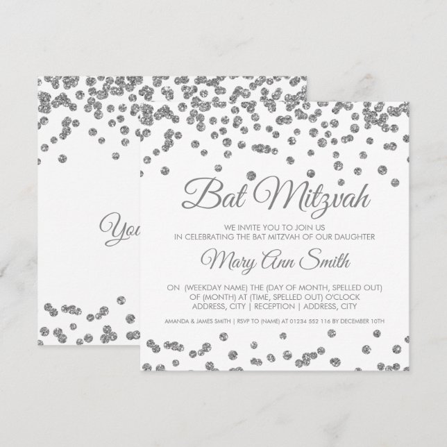 Bat Mitzvah Silver Faux Glitter Confetti White Invitation (Front/Back)