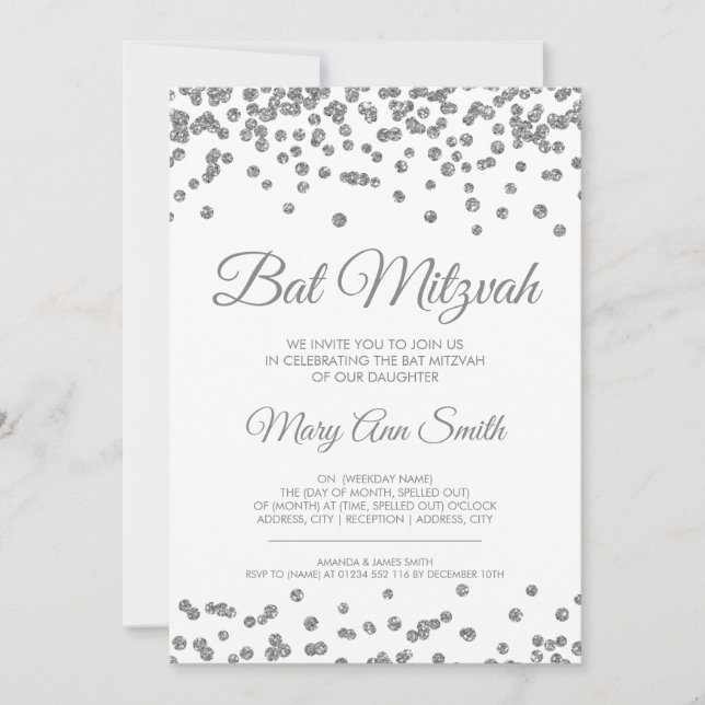 Bat Mitzvah Silver Faux Glitter Confetti White Invitation (Front)
