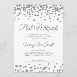 Bat Mitzvah Silver Faux Glitter Confetti White Invitation