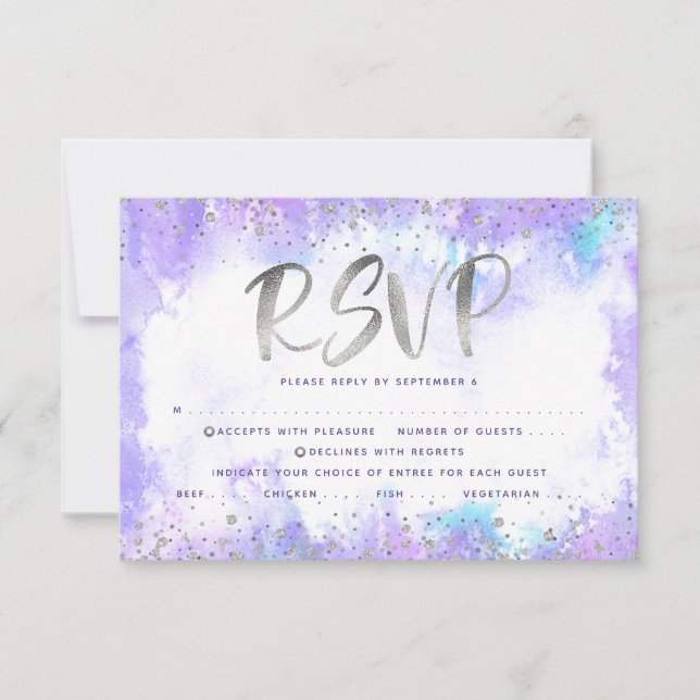 Bat Mitzvah silver foil purple watercolor entrée RSVP Card (Front)