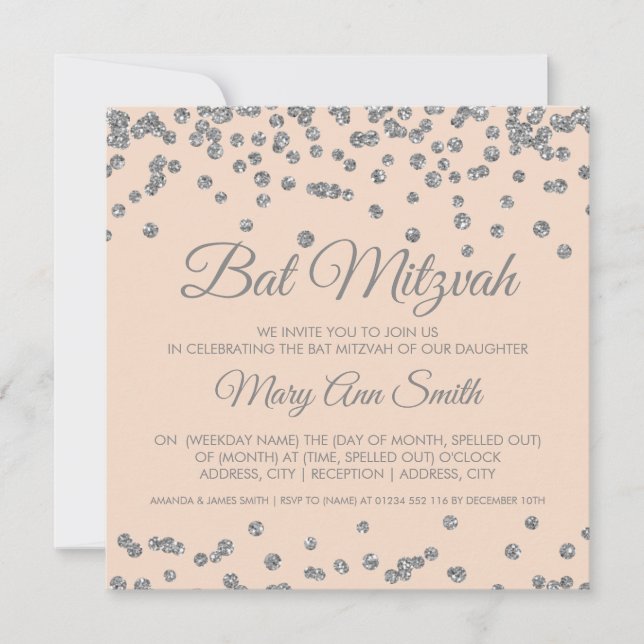 Bat Mitzvah Silver Glitter Confetti Blush Pink Invitation (Front)