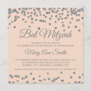 Bat Mitzvah Silver Glitter Confetti Blush Pink Invitation