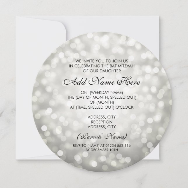 Bat Mitzvah Silver Glitter Lights Invitation (Front)