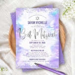 Bat Mitzvah Silver Purple Watercolor Girly 2 Venue Invitation<br><div class="desc">Be proud, rejoice and showcase this milestone of your favourite Bat Mitzvah! Send out this stunning, modern, personalised invitation for an event to remember. Sparkly faux silver foil script, glitter dots. Star of David and typography script overlay a light purple watercolor background. Personalise the custom text with your Bat Mitzvah’s...</div>