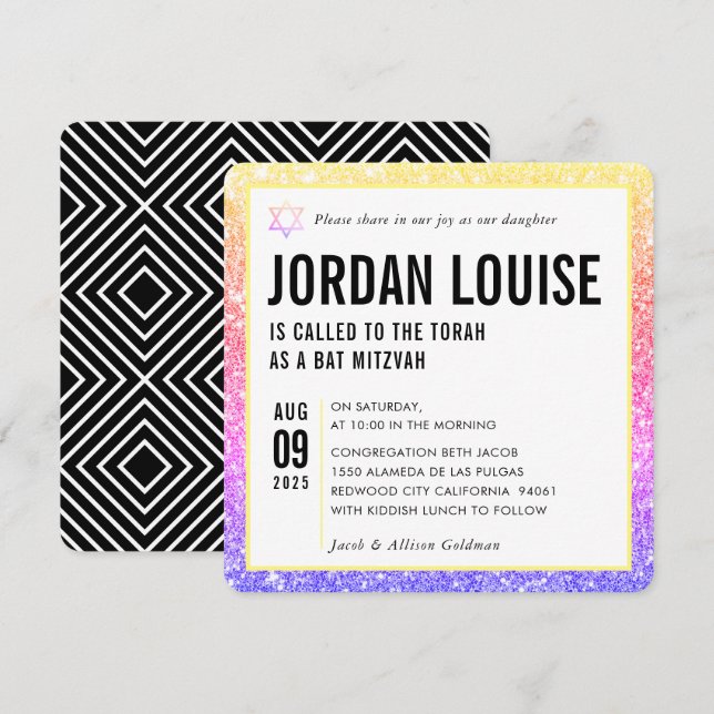 BAT MITZVAH simple modern chic rainbow glitter Invitation (Front/Back)