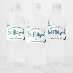 Bat Mitzvah Simple Modern Turquoise Gold Agate Water Bottle Label