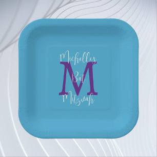 Bat Mitzvah Sky Blue Purple White Name Monogram Paper Plate