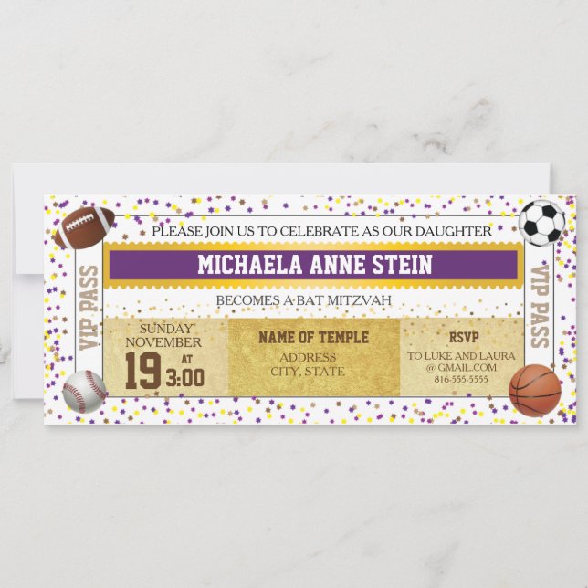 Bat Mitzvah Sports Theme ticket invitation (Front)