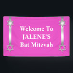 Bat mitzvah star david pink banner<br><div class="desc">A FAUX silver Star of David is set against a hot pink background on which white text templates rest. IDEAL FOR - Parents looking for signs to welcome guests to their daughters special event. CUSTOM REQUESTS - For matching products,  colour changes or assistance contact me on clientrequestrw@gmail.com</div>