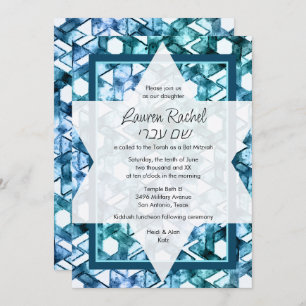 Bat Mitzvah Star of David Blue Damask Invitation