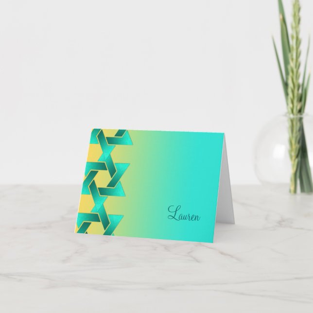 Bat Mitzvah Star of David Yellow Aqua Note Card (Front)