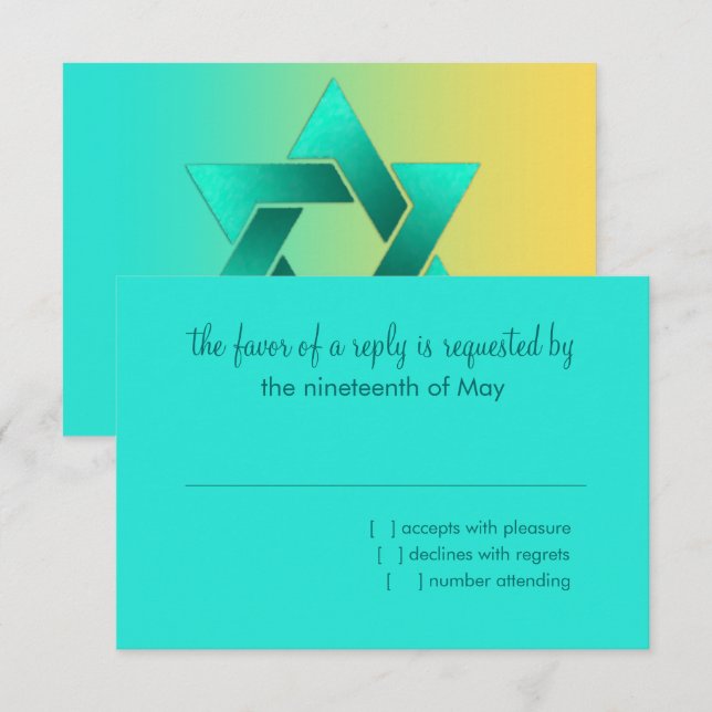 Bat Mitzvah Star of David Yellow Aqua RSVP Card (Front/Back)