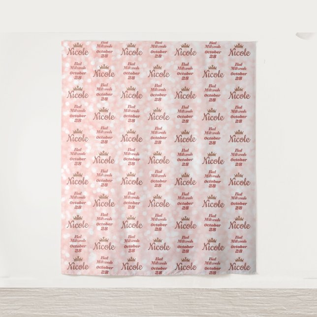Bat Mitzvah Step and Repeat Rose Gold Backdrop Tapestry (Front)