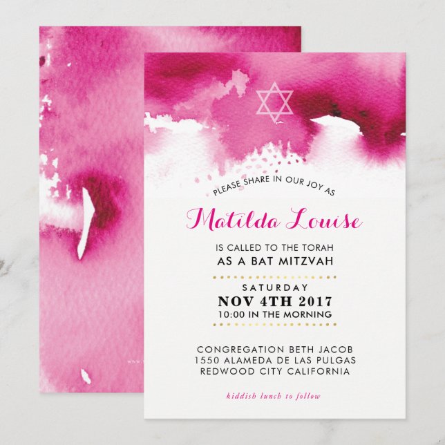 BAT MITZVAH stylish bright pink watercolor invite (Front/Back)