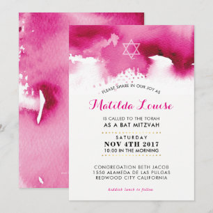 BAT MITZVAH stylish bright pink watercolor invite
