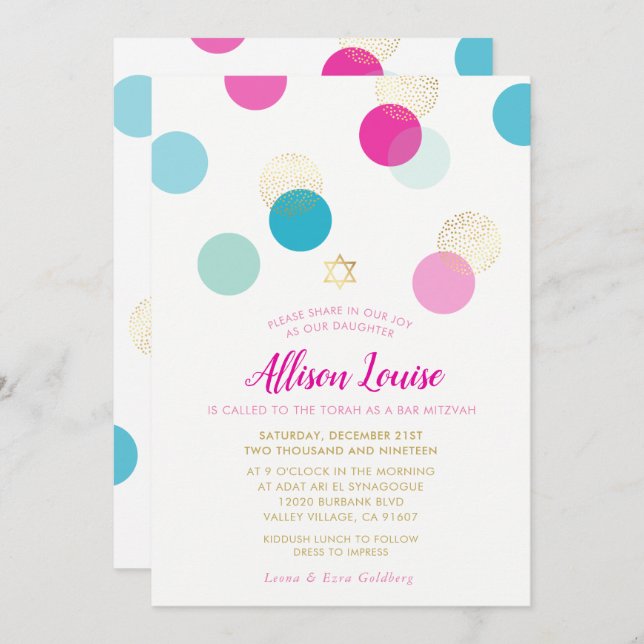 BAT MITZVAH stylish confetti spot gold pink mint Invitation (Front/Back)
