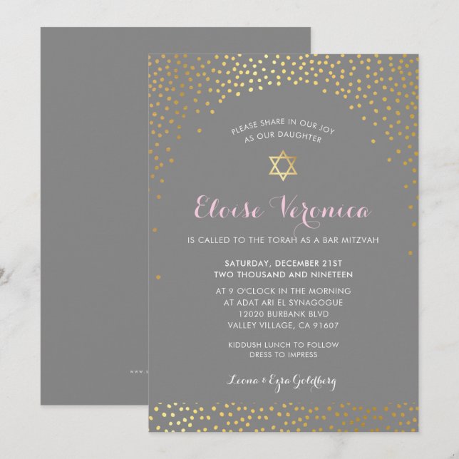 BAT MITZVAH stylish mini confetti spot gold grey Invitation (Front/Back)