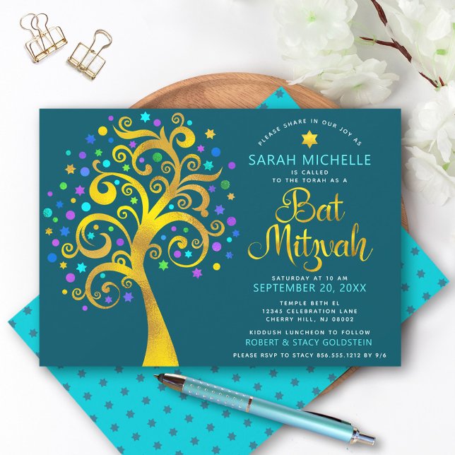 Bat Mitzvah Teal Blue Chic Gold Foil Tree of Life  Invitation (Creator Uploaded)