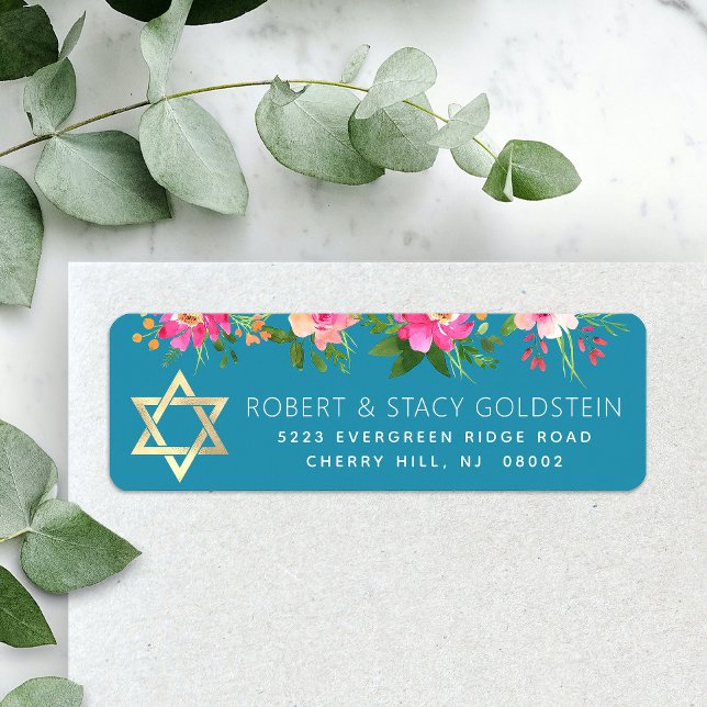 Bat Mitzvah Teal Blue Gold Floral Return Address (Creator Uploaded)
