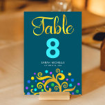 Bat Mitzvah Teal Blue Gold Foil Tree Life Modern Table Number<br><div class="desc">No Bat Mitzvah party is complete without personalised table number cards. Let your favourite Bat Mitzvah be proud, rejoice and celebrate her milestone at her perfectly coordinated party. This sophisticated, chic, stunning, abstract graphic faux gold foil tree with sparkly turquoise, teal, purple and blue Star of David and dot “leaves”...</div>