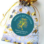 Bat Mitzvah Teal Blue Gold Foil Tree of Life Chic Classic Round Sticker<br><div class="desc">Be proud, rejoice and showcase this milestone of your favourite Bat Mitzvah! Use this fun, sophisticated, personalised sticker to add to her special day. A stunning, graphic faux gold foil tree with sparkly turquoise, teal, purple and blue Star of David and dot “leaves” overlays a rich, dark teal blue background....</div>