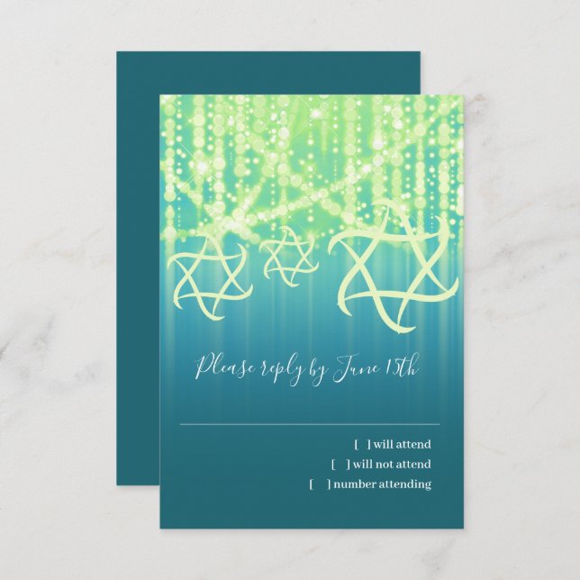Bat Mitzvah Teal Blue Lime Sparkly Lights RSVP Card (Front/Back)