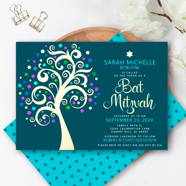 Bat Mitzvah Teal Tree of Life Script Real Gold (Creator Uploaded)