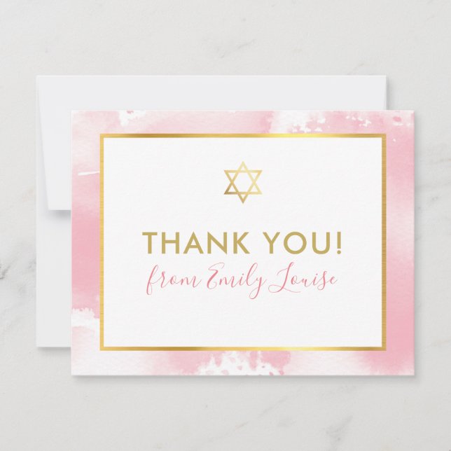 BAT MITZVAH thank you gold star pink watercolor (Front)