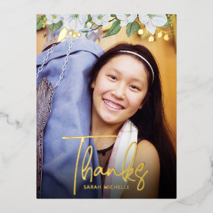 Bat Mitzvah Thank You Photo Floral Bold Real Gold  Foil Invitation Postcard