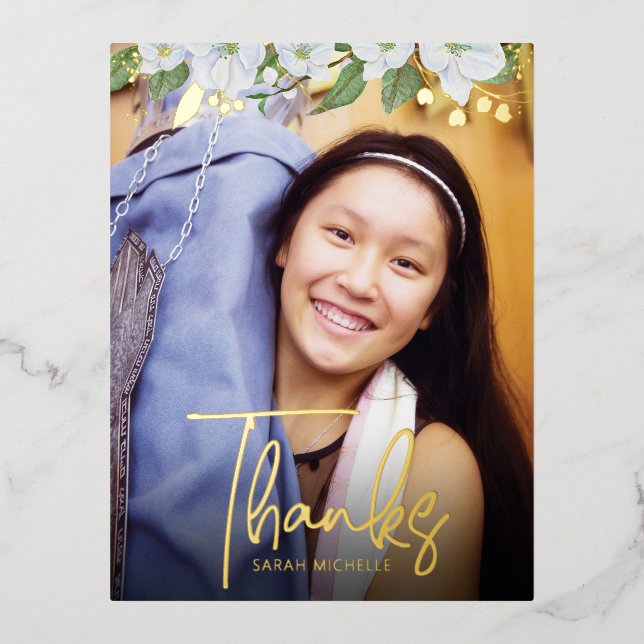 Bat Mitzvah Thank You Photo Floral Bold Real Gold  Foil Invitation Postcard (Front)