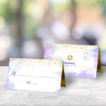 Bat Mitzvah Trendy Gold Dots on Purple Watercolor Place Card<br><div class="desc">No Bat Mitzvah party is complete without personalised place cards. Let your favourite Bat Mitzvah be proud, rejoice and celebrate her milestone at her perfectly coordinated party. Stunning, modern, sparkly gold faux foil tiny dots overlay a light purple watercolor background. Faux gold foil adorns the inside. Personalise the custom text...</div>