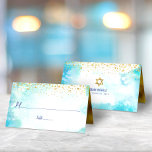 Bat Mitzvah Trendy Gold Dots Turquoise Watercolor Place Card<br><div class="desc">No Bat Mitzvah party is complete without personalised place cards. Let your favourite Bat Mitzvah be proud, rejoice and celebrate her milestone at her perfectly coordinated party. Stunning, modern, sparkly gold faux foil tiny dots overlay a turquoise blue watercolor background. Faux gold foil adorns the inside. Personalise the custom text...</div>