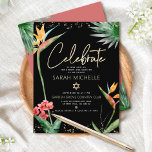 Bat Mitzvah Tropical Black Gold Floral Watercolor Enclosure Card<br><div class="desc">Be proud, rejoice and showcase this milestone of your favourite Bat Mitzvah! Include this modern, sophisticated, personalised insert for additional information to your event. Stylish, stunning, colourful, tropical watercolor birds of paradise flowers, faux gold handwritten script, Star of David and glitter dots, along with modern sans serif type, overlay a...</div>