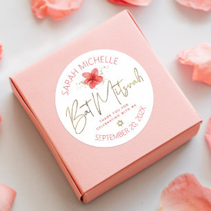 Bat Mitzvah Tropical Floral Watercolor Gold Script Classic Round Sticker