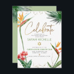 Bat Mitzvah Tropical Gold Script Floral Watercolor Enclosure Card<br><div class="desc">Be proud, rejoice and showcase this milestone of your favourite Bat Mitzvah! Include this modern, sparkly, personalised insert for additional information to your event. Stylish, stunning, colourful, tropical watercolor birds of paradise flowers, faux gold handwritten script, Star of David and glitter dots, along with green and grey modern sans serif...</div>