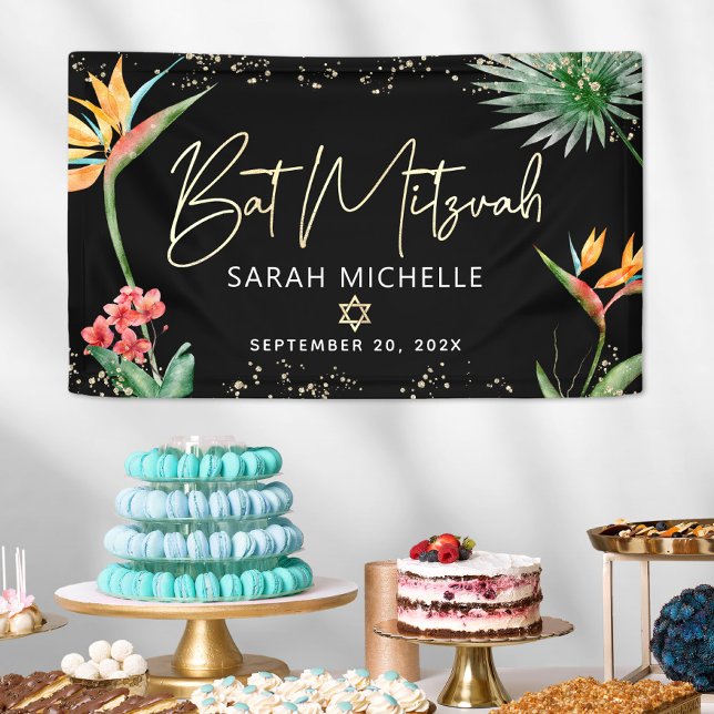 Bat Mitzvah Tropical Palm Leaf Black Gold Welcome Banner (Creator Uploaded)