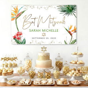 Bat Mitzvah Tropical Palm Leaf Gold Script Welcome Banner