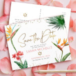 Bat Mitzvah Tropical Save Date Floral Gold Script Invitation Postcard<br><div class="desc">Make sure all your friends and relatives will be able to celebrate your daughter’s milestone Bat Mitzvah! Send out this chic, personalised “Save the Date” announcement postcard. Stylish, stunning, colourful, tropical watercolor birds of paradise flowers, faux gold handwritten script, Star of David and glitter dots, along with rose pink and...</div>