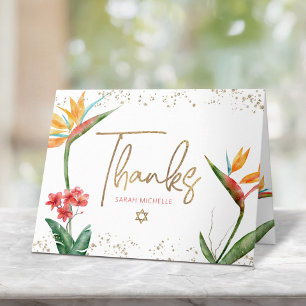 Bat Mitzvah Tropical Watercolor Floral Gold Script Thank You Card