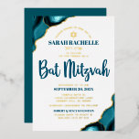 Bat Mitzvah Turquoise Agate Bold Script Real Gold<br><div class="desc">Be proud, rejoice and showcase this milestone of your favourite Bat Mitzvah! Send out this cool, unique, modern, personalised, Hebrew name real gold foil invitation for an event to remember. Dark teal blue script typography, real gold foil sans serif typography, and a real foil gold Star of David overlay a...</div>