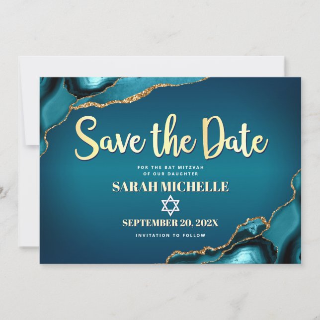 Bat Mitzvah Turquoise Agate Ombre Gold Script Chic Save The Date (Front)
